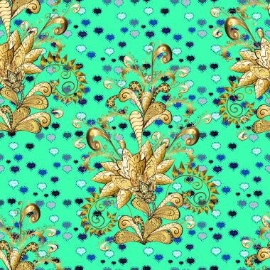 İslam tasarım. Dikişsiz desen şark süsleme. Çiçek fayans. Yeşil, mavi ve kahverengi renkleri altın elemanları ile altın izi. Vektör altın tekstil baskı.
