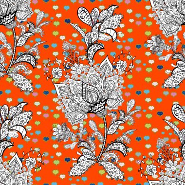 Arka plan doku, kroki, tema beyaz, siyah ve turuncu renklerde. Soyut etnik vektör. Kabile sanat baskı, antika arka plan.