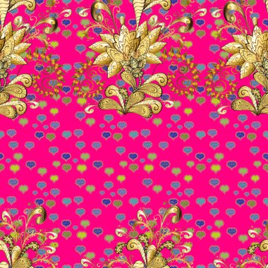 Vintage Barok çiçek seamless modeli altın macenta, sarı ve kahverengi. Lüks, Kraliyet ve Victoria kavramı. Süslü vektör dekorasyon. Macenta, sarı ve kahverengi renkleri altın öğesi.