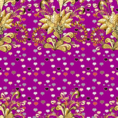 Tekstil, kumaş üzerine baskı için kroki. Renkli çiçek desenli, mor, kahverengi ve bej ve dekoratif öğeler ile Seamless modeli. Vektör çizim. Sorunsuz arka plan. Vintage retro tarzı