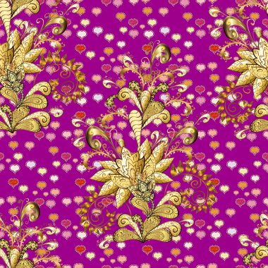 Süslü dekorasyon. Vektör çizim. Şam altın soyut çiçek seamless modeli bej, kahverengi ve mor renkler.