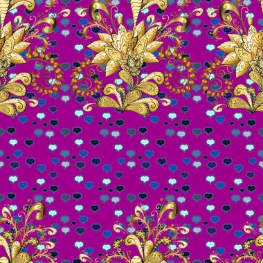 Vektör altın antika çiçek Ortaçağ dekoratif, yaprakları ve altın desen süs Mavi, kahverengi ve mor renkler ile seamless modeli. Sorunsuz kraliyet lüks altın Barok damasko vintage.