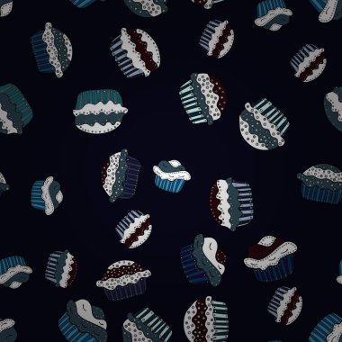 Vektör çizim. Tatlılar tasarım. Elle çizilmiş özetlenen kekler renkli seamless modeli, beyaz, mavi ve siyah şirin arka plan.