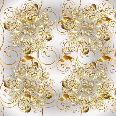 Tarafsız, gri ve bej renkleri altın öğesinde. Altın çiçek süs desenli. Damasko arka plan. Barok tarzı altın çiçek süsleme.