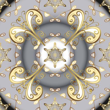 Vektör çizim. Vintage kartı, kroki, ambalaj, Tekstil için tasarım. Dekoratif desen altın öğeleri. Çiçek klasik doku. Kraliyet retro, nötr gri ve bej renkler. Altın şablonu.