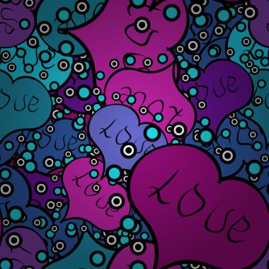 Güzel kalpleri sevgi sevimli arka plan üzerinde siyah, mor ve mavi renkler. Vektör. Sevgi ve mutlu tasarımlar. -Oyun kağıdı, etiket. Yaz stili illüstrasyon şirin elemanları ile. Kesintisiz renkli boho pop sanat tarzı.