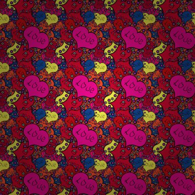 Sevgililer günü. Kızlar, tekstil, giyim için romantik eskiz. Soyut kesintisiz aşk desen. Kız gibi tekrarlanan zemin kalpler, kroki tarzı pembe, kırmızı ve siyah renkleri çizim ile. Vektör.