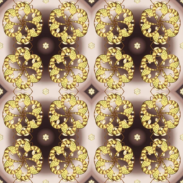 ダマスク織の背景 ベージュと黄色の色の黄金の要素 バロック様式の金の花の飾り 黄金の花の装飾的なパターン — ストックベクタ