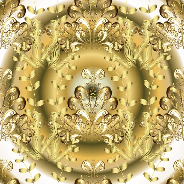 観賞用のベクトルの背景 中立的な黄色とベージュ色のグラフィックの現代装飾的なパターンで 観賞用の花模様 スケッチ バロック ダマスク — ストックベクタ