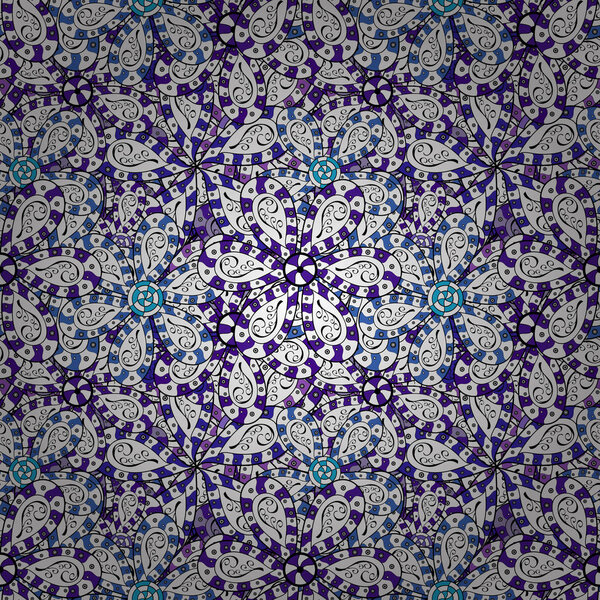 Vector. Seamless Beautiful fabric pattern. Doodles white, black and violet on colors.