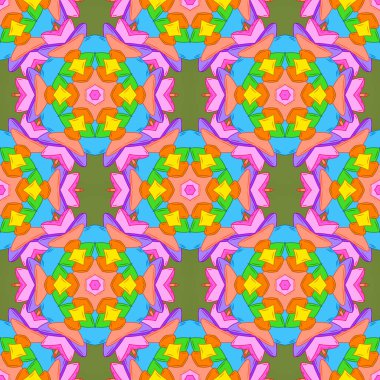 Renkli desen. Dikişsiz düz yeşil, mavi ve turuncu renk arka plan üzerinde soyut karalamalar ile tasarım. Vektör çizim.