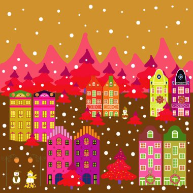 Yeni Yılınız Kutlu Olsun. Vektör çizim. Şirin binalar sarı, kahverengi ve pembe renkler. Neşeli Noel kartı ev.