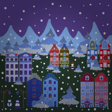 Mavi, mor ve yeşil renkler güzel binalar. Vektör çizim. Evler vektör arka plan doodle.