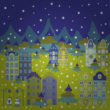 Desen evler. Mor, sarı ve mavi renkler illüstrasyon. Vektör çizim.