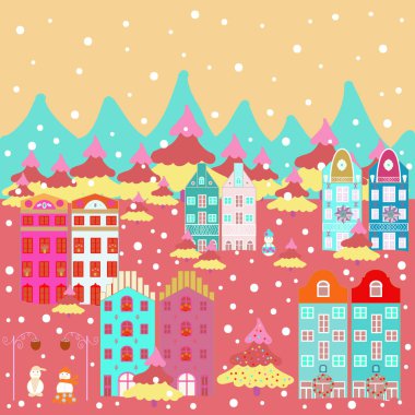 Tepeler ve ağaçlar üzerinde renkli parlak binalar. Evler, bej pembe ve mavi renkler. Vektör.