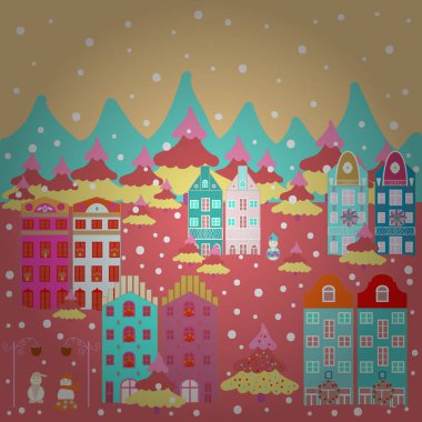 Arka plan bej pembe ve mavi renkler üzerinde şirin binalar ile. Vektör çizim. Renkli evleri.