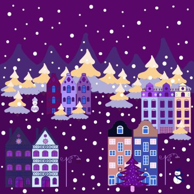 Kumaş Tekstil için mükemmel, çocuklar. Nordic doğa manzara kavramı. House, ağaçlar ve dağlar mor, menekşe ve nötr renkler üzerinde çizilmiş vektör soyut İskandinav grafik illüstrasyon el.