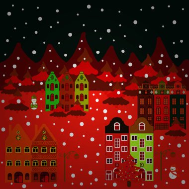 Vektör çizim. İllüstrasyon kırmızı, siyah ve turuncu renkler. Bir kardan adam yapma ile Noel banliyö evlerin çizim vektör çizgi film.