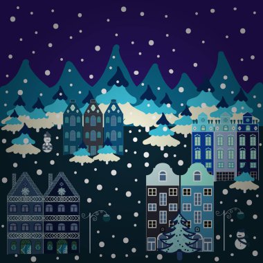 Tekstil, kroki, kumaş Colorfil manzara. Şirin evler ve ağaçlar mavi, menekşe ve nötr renk arka plan üzerinde. İskandinav tarzı doğa illüstrasyon. Vektör.