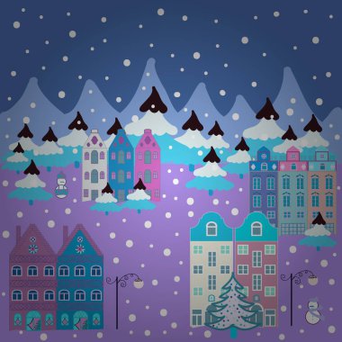 Parlak bir peri masalı köy evleri ve ağaçlar, hills, mountans, kardan adam. Panorama mavi, menekşe ve nötr renkler. Tasarım arka plan için. Vektör çizim.