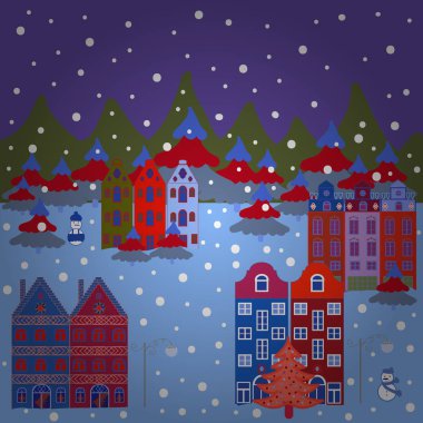 Vektör Köyü kırsal sahne arka plan. Tepeler arasında. Serbest çizilmiş karikatür tarzı. Renkli sevimli açık havada manzara. Mavi, mor ve kırmızı renkler kırsal topluluk.