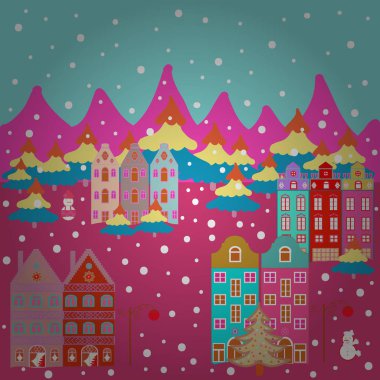 İllüstrasyon mavi, kırmızı ve pembe renkleri üzerinde. Noel'in banliyö çizim vektör karikatür bir kardan adam yapma ile ev sahipliği yapmaktadır. Vektör çizim.