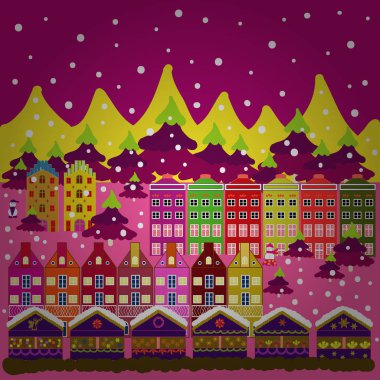 Ağaçları tepelerde ile renkli parlak evler. Vektör çizim. Binalar macenta, sarı ve pembe renkler.