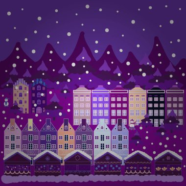 Fantezi manzara renkli evler. Resimde menekşe, mor ve nötr renkler. Vektör çizim.