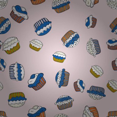 Tatlılar tasarım arka plan. Şirin Doğum günü bağımsız, beyaz ve mavi arka plan. Soluk tarafsız, beyaz ve mavi seamless modeli kekler. Vektör çizim.