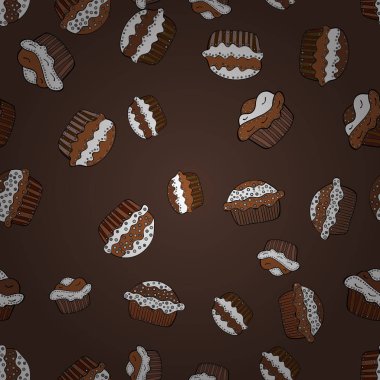 Kağıt ambalaj. Kek ile Seamless modeli. Güzel Doğum günü kahverengi, beyaz ve siyah arka plan. Vektör çizim.