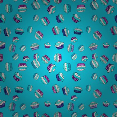 Sorunsuz elle çizilmiş vintage tatlı kek ve kurabiye. Mavi, beyaz ve siyah güzel Doğum günü desen. Vektör çizim. Cupcake desen.