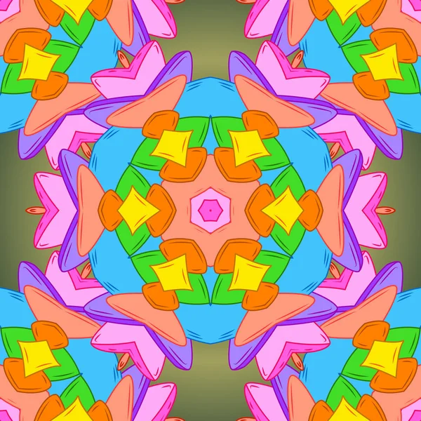 Vektör. Sorunsuz karalamalar yeşil, turuncu ve mavi renkler. Vintage. Şık kumaş deseni.