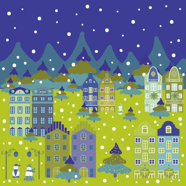 Lindos Edificios Colores Violeta Amarillo Azul Feliz Tarjeta Navidad Con — Vector de stock