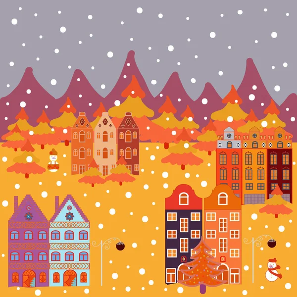 House ile neşeli Noel kartı. Vektör çizim. Christmas illüstrasyon sarı, gri ve turuncu renkler. Yeni Yılınız Kutlu Olsun.