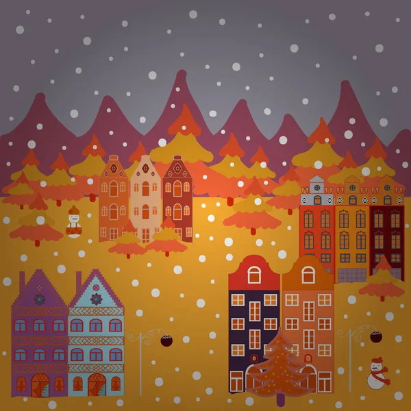 Increíble Casa Decorada Decorada Navidad Colores Amarillo Gris Naranja Bosque — Vector de stock