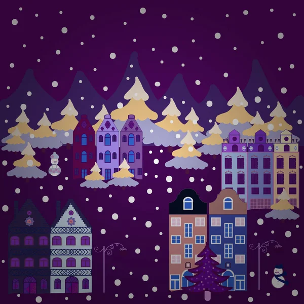 Casas Invierno Para Navidad Navidad Telas Papel Embalaje Decoración Púrpura — Vector de stock