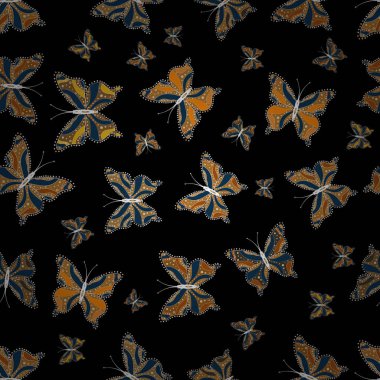 Siyah, kahverengi ve mavi arka plan üzerinde renkli kelebek seamless modeli. Karalamak, kroki, doodle. Siyah, mavi ve kahverengi renkleri üzerinde hayal et. Vektör.