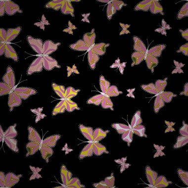 Fantezi illüstrasyon. Erkekler, kızlar, giyim, kroki için soyut desen. Seamless modeli ile çok farklı butterflys. Vektör. Bej renkli, pembe ve siyah renklerde resimleri.