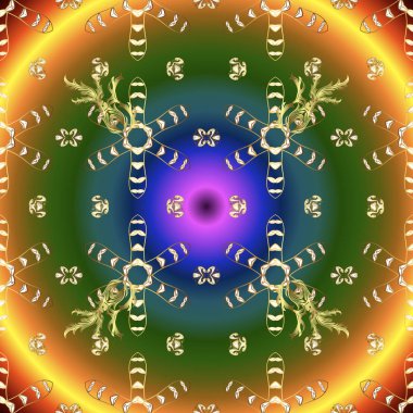 Süs altın desen. Vektör şark süsleme. Yeşil, kahverengi ve mavi renkleri altın elemanları ile dekoratif desen.