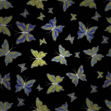 Dekor tasarım giyim için. Sorunsuz. Şirin kelebek siyah, sarı ve mavi vektör desen.