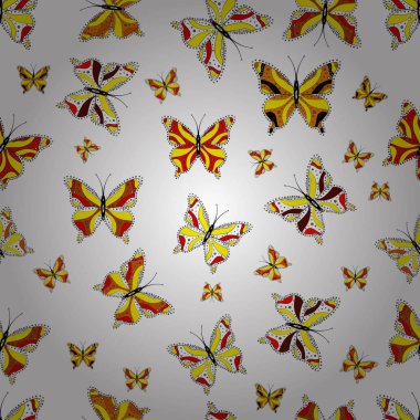 Vektör. Kağıt, kumaş, ambalaj için uygundur. Seamless modeli. Sevimli sarı, siyah ve beyaz arka plan üzerinde kelebekler.