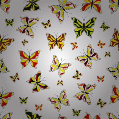 Sorunsuz. Resimde kumaş, tekstil, baskı ve davet için. Vektör çizim. Beyaz, siyah ve sarı arka plan üzerinde gece sevimli kelebekler.