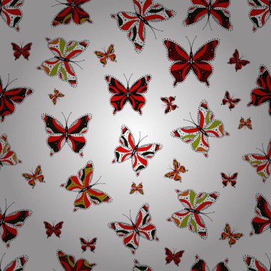 Doğada güzellik. Kumaş, tekstil, baskı ve davet için arka plan. Vektör çizim. Uçan kelebekler suluboya tarzında ile Seamless modeli. Gri, kırmızı ve beyaz renkler illüstrasyon.