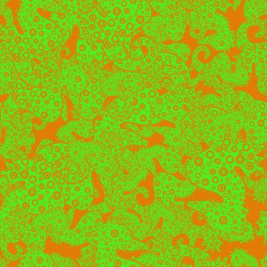 Vektör çizim. Yeşil, turuncu ve sarı zemin üzerine deniz atı. Kullanılabilir tebrik kartları, düğün davetiyeleri, logo, kumaş üzerine baskı için. Tigertail deniz atı kesme. Sorunsuz.