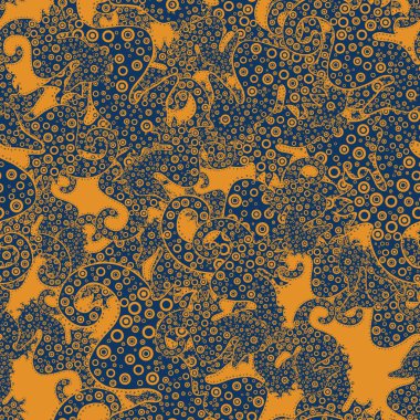 Sorunsuz şirin kumaş deseni. Güzel arka plan. -hisse senedi. Soyut karalamalar desen. Vektör çizim. Turuncu, kahverengi ve mavi renkler.