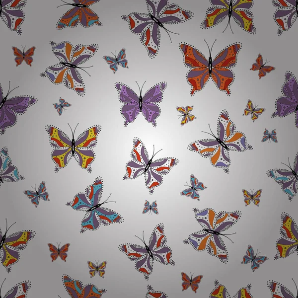 向量例证 可爱的蝴蝶在白色 紫色和橙色 五颜六色的蝴蝶的无缝的背景 漂亮的背景包装和素描 织物的设计 — 图库矢量图片