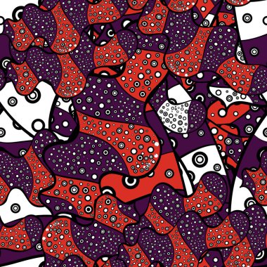 Tasarım. Öğeleri siyah, mor ve turuncu renkler. Sorunsuz yazdır. Düz karalamalar. Vektör çizim. Şirin kumaş deseni.