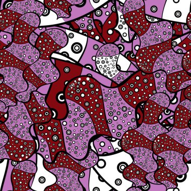 Vektör. Dikişsiz desen baskı. Moda kumaş deseni. Doodles'ın siyah, kırmızı ve mor renkler.