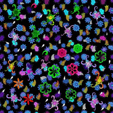 Dikişsiz güzel kumaş desen. Doodles'ın şirin desen. Siyah, mavi ve yeşil renkler. O-ebilmek var olmak kroki üzerinde kullanılan, kupa baskı, Bebek giyim, kutuları vb kaydırma. Vektör - hisse senedi. Güzel arka plan.