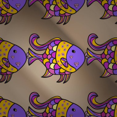 Klasik nakış tropikal deniz, dalga, balık, mercan, degrade moda deseni. Moda giysiler. Bej, mor ve gri. Vektör. Nakış deniz yaşamını, deniz, tropikal balıklar degrade desen.